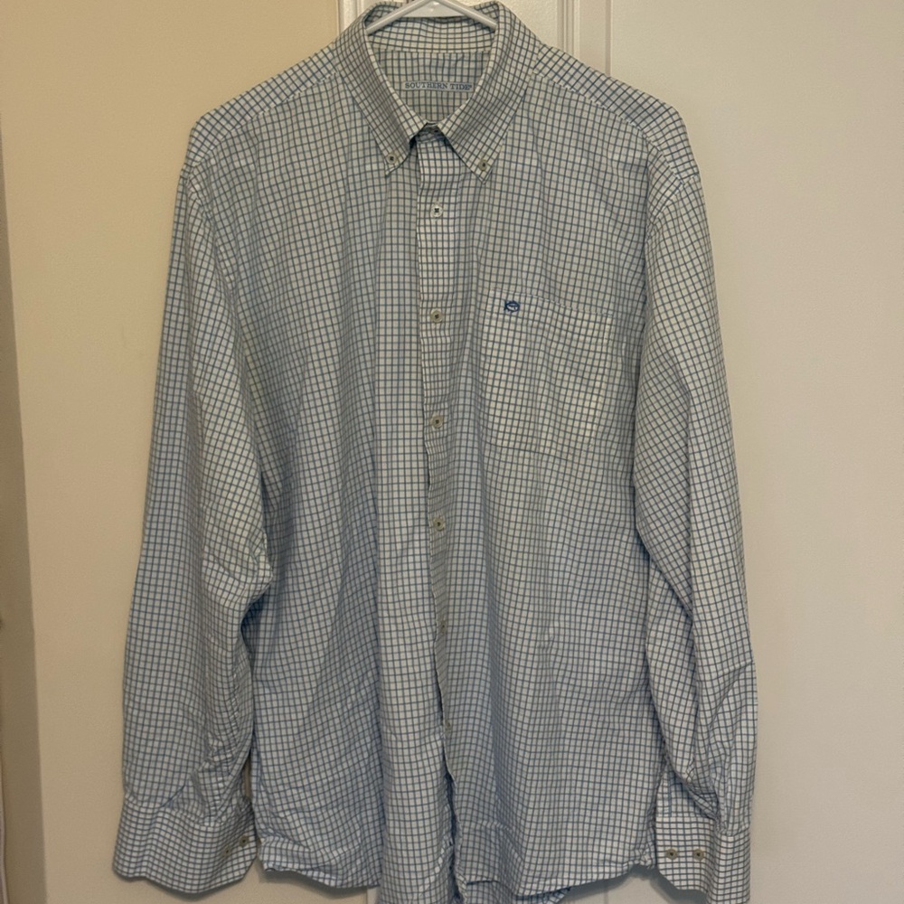 Southern Tide Men's Blue Checkered Shirt Large